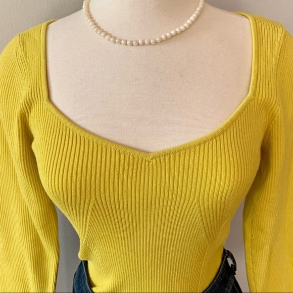 Anthropologie Citron Yellow Sweetheart Neckline Knit Long Sleeve Sweater size L - Picture 6 of 16